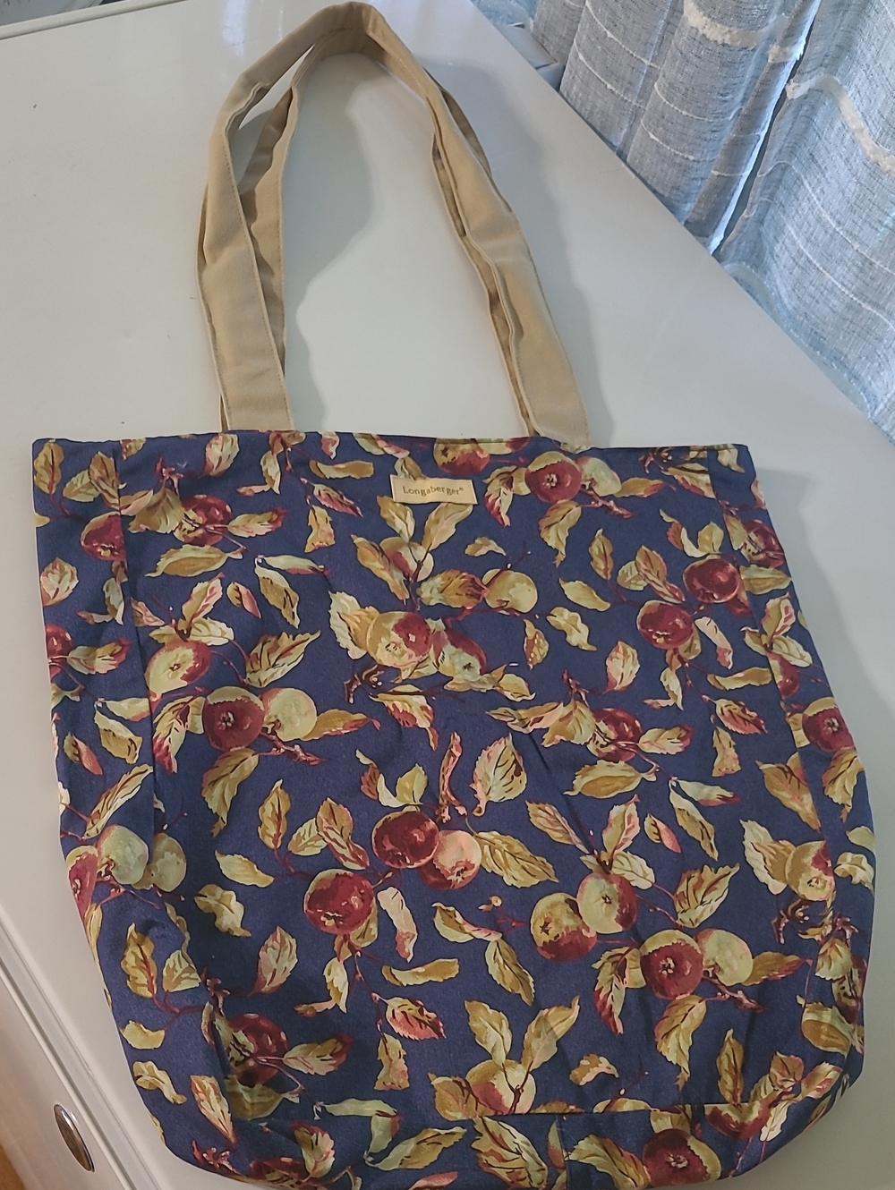Longaberger Blue Apple Print Tote with Tan Straps